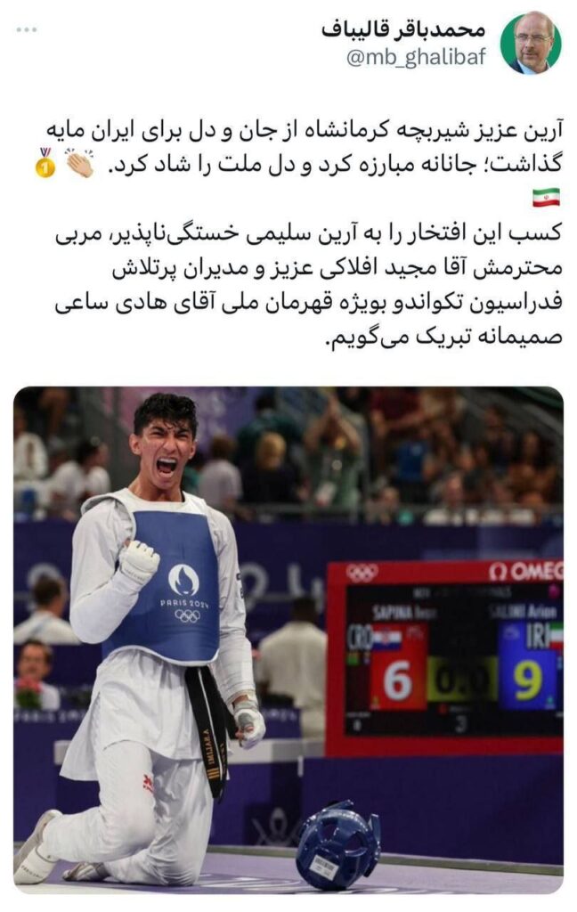آرین سلیمی کو گولڈ میڈل جیتنے پر ڈاکٹر قالیباف کی جانب سے مبارک باد کرمان شاہ کے اس شیر بچے نے انتہائی محنت کے ساتھ ایران کے لیے گڈ میڈل جیتا