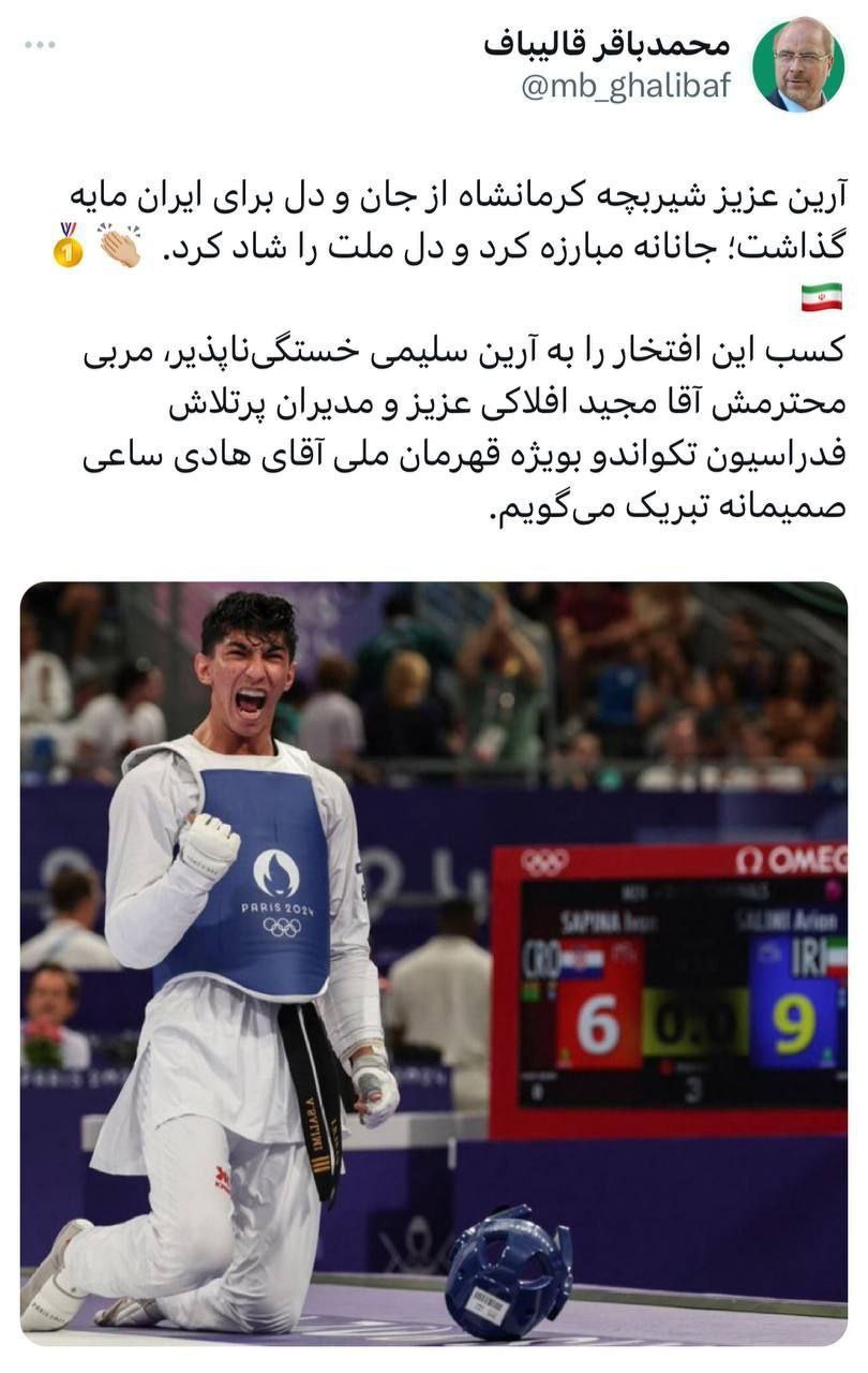 آرین سلیمی کو گولڈ میڈل جیتنے پر ڈاکٹر قالیباف کی جانب سے مبارک باد کرمان شاہ کے اس شیر بچے نے انتہائی محنت کے ساتھ ایران کے لیے گڈ میڈل جیتا