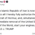 اسلامی جمہوریہ ایران کے ساتھ معاہدہ حتمی ہو گیا ہے۔ سب کو مبارک ہو! میں اس کے ذریعے آبنائے ہرمز کو بغیر کسی ٹیکس/محصول (ڈیوٹی) کے مکمل طور پر دوبارہ کھولنے کی اجازت دیتا ہوں، اور ساتھ ہی ریاستہائے متحدہ (امریکہ) کے بحری محاصرے کو فوری طور پر ختم کرنے کا حکم جاری کرتا ہوں۔   امن کے جہازو، اپنے انجن اسٹارٹ کرو۔ تیل کو بہنے دو! — صدر ڈونلڈ جے ٹرمپ